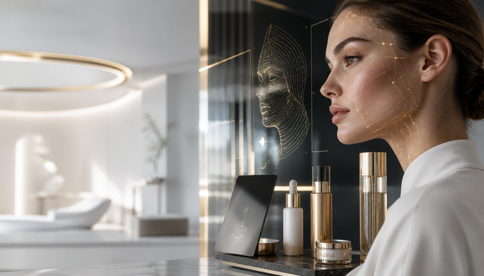 Futuristische Luxus-Skincare-Welt mit KI-Hautanalyse und professioneller Beauty-Beratung