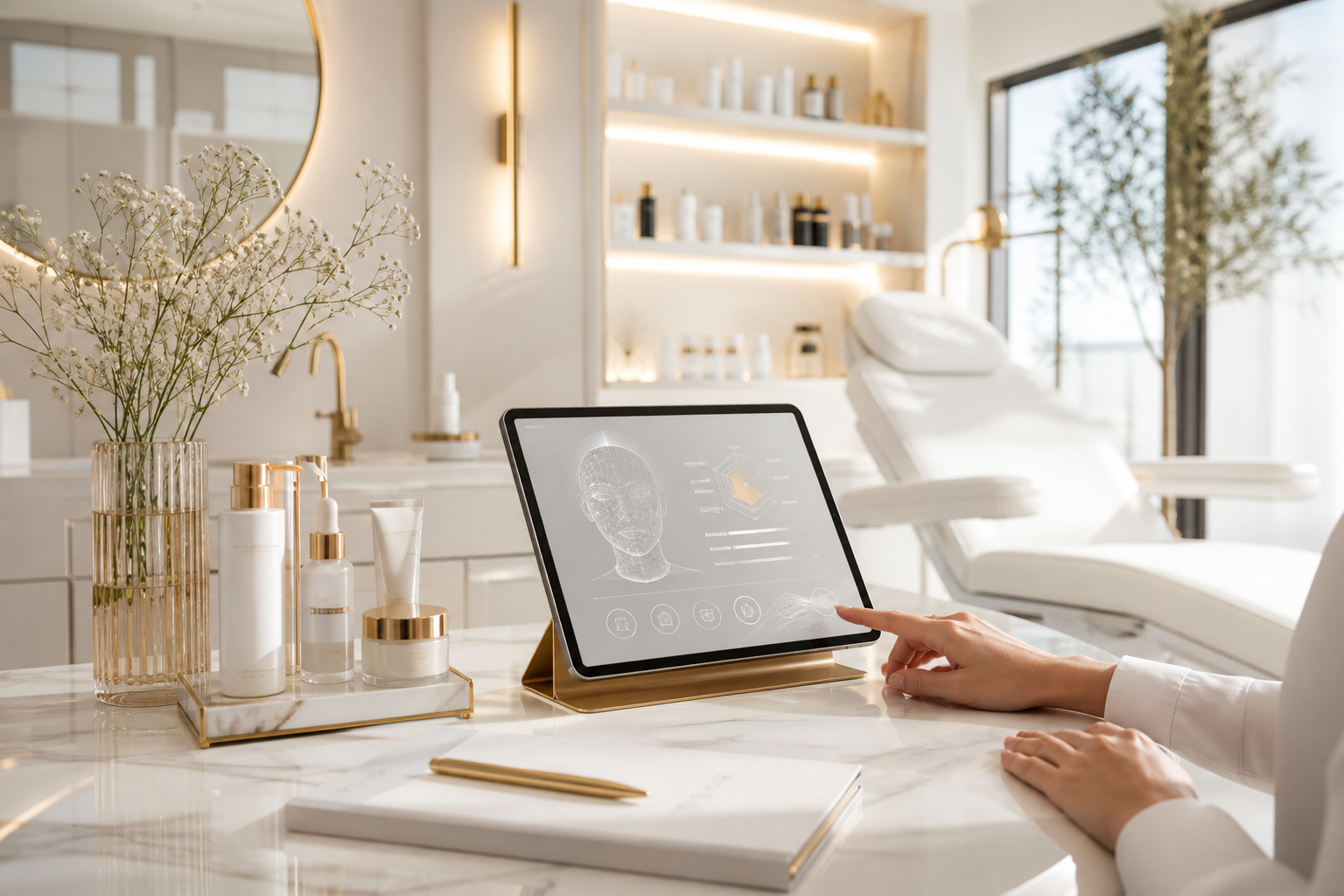 Premium Kosmetikstudio mit Tablet und Pflegeprodukten