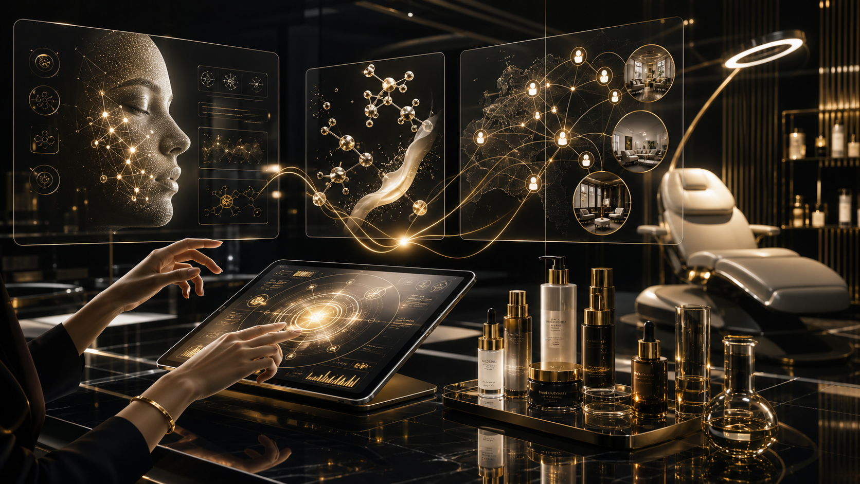 Dunkle SkinConnect KI-Analysewelt mit Produktempfehlungen und Institut-Matching